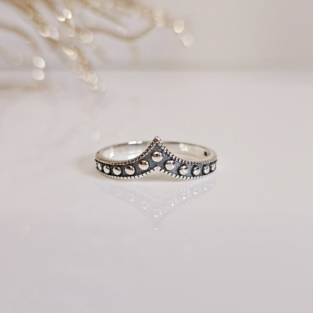 Beaded Chevron Sterling Silver Women Ring, Bali V Shape Ring, Minimalist Bohemia